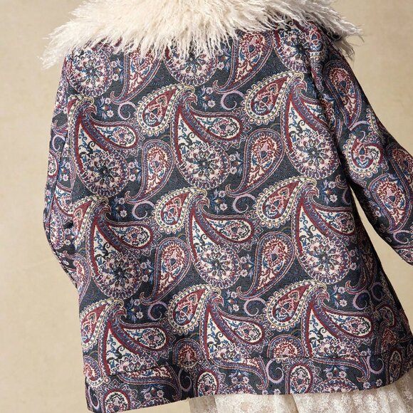 Navy Blue Casual Women's Jacket with Faux Fur Collar and Paisley Pattern - Picture 2 of 9
